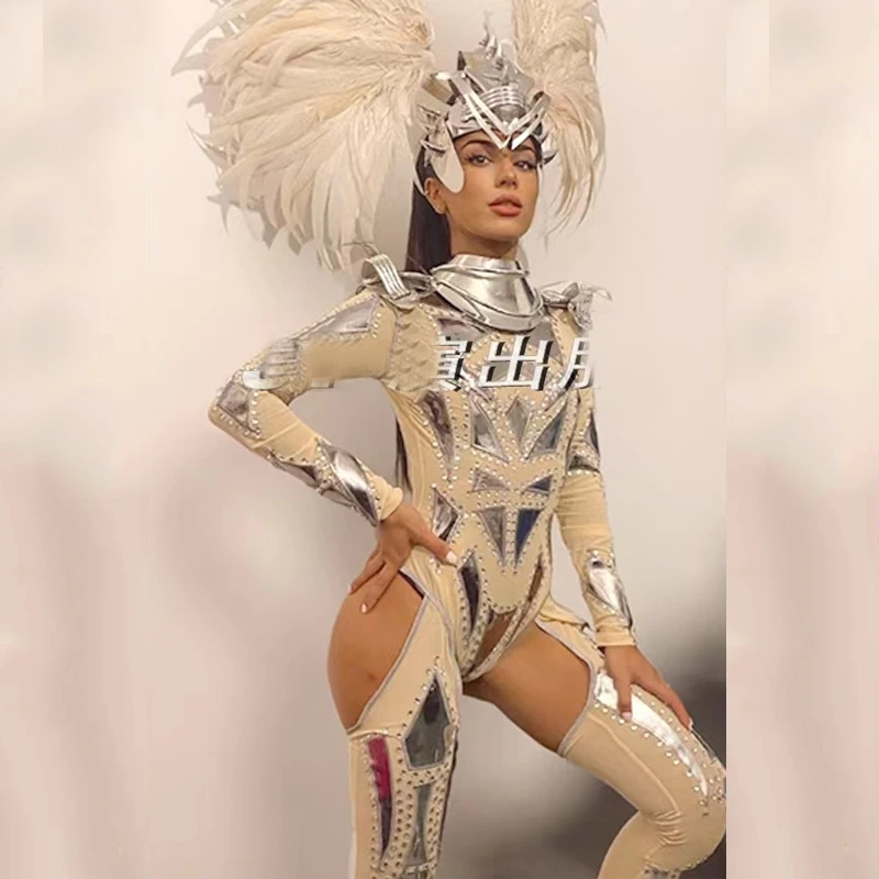 New Tech Style Gogo Costume Sexy Jazz Dance Feather Headdress Armor Silver Jumpsuit Bar Nightclub DS DJ Stage Rave Outfit Set