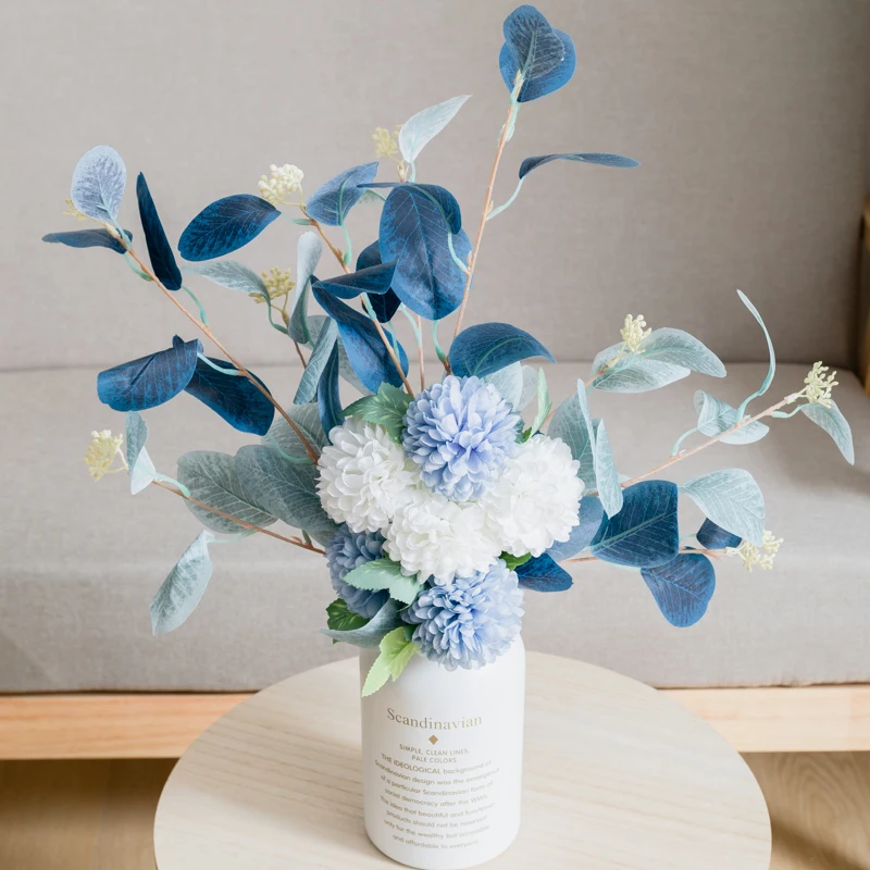 Hortensia Artificial, flor de seda, crisantemo, hoja de eucalipto, florero para decoración del hogar, ramo, arreglo de flores de boda, plantas