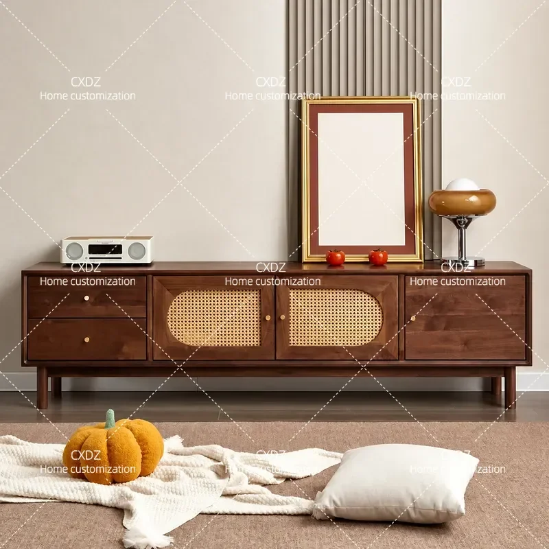 Japanese Style Solid Wood Rattan TV Cabinet Nordic Modern Simple Black Walnut Floor Storage Unit for Small Apartment Living