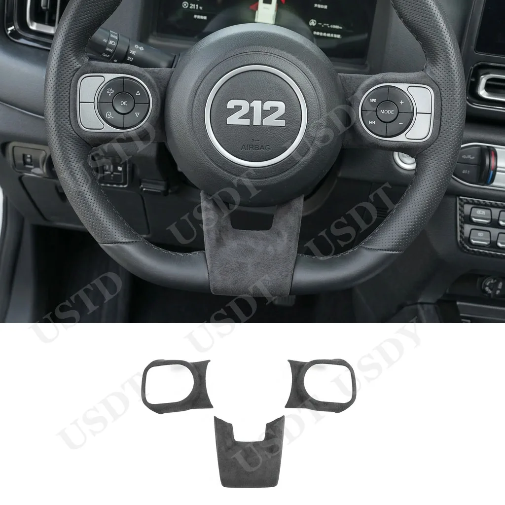 Geschikt voor BAIC 212 T01 2026 2027: zwarte stuurwielbekleding van suède, beschermkap voor de pookknop en beschermsticker voor de deurklink.