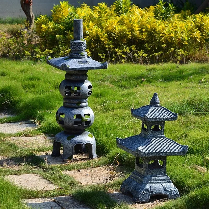 Retro solar garden stone tower lamp outdoor floor series handmade Chinese and Japanese architectural landscaping ornaments