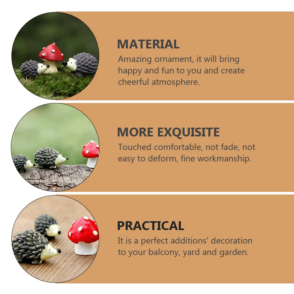 

3Sets Hedgehog Mushroom Resin Ornament Miniature Garden Decoration Balcony Yard Micro Landscape Cute Outdoor Garden Decor