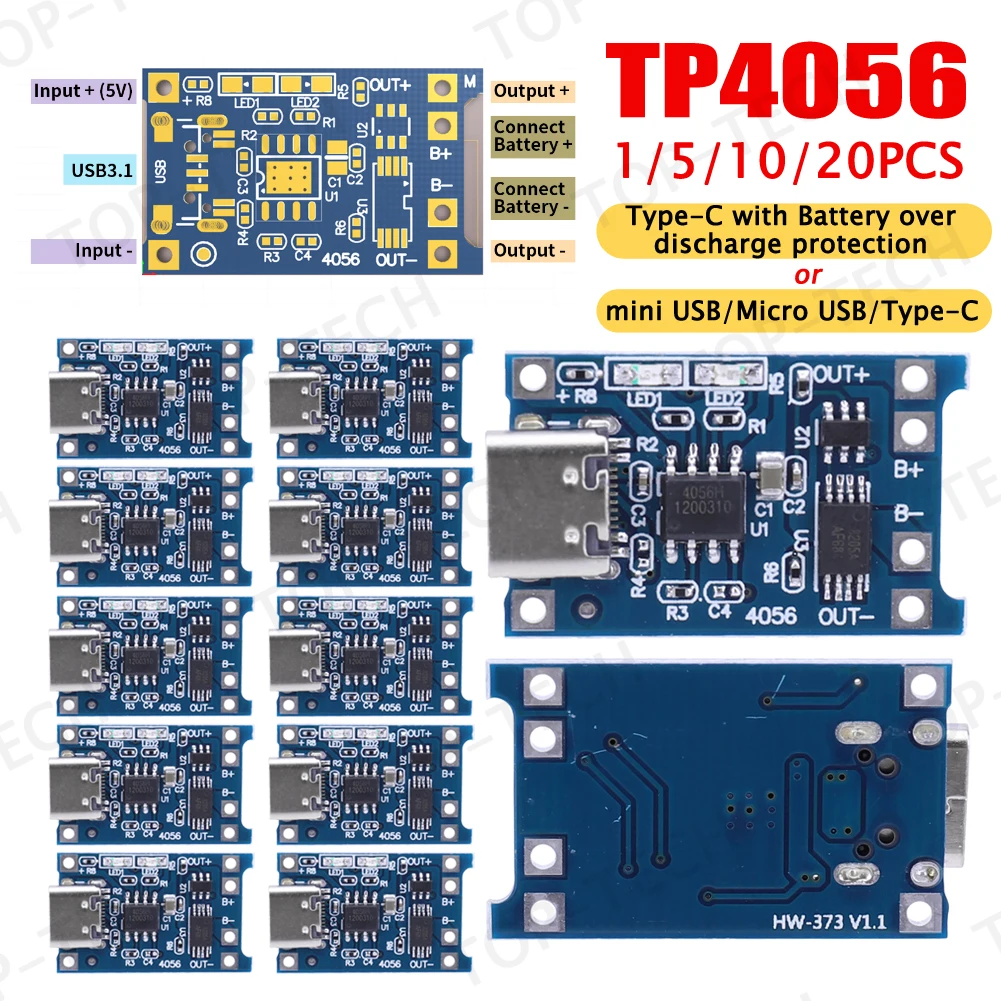 1-20PCS Type-c/Micro USB /Mini USB 5V 1A 18650 TP4056 Lithium Battery Charger Module Overcharge Protection Charging Board