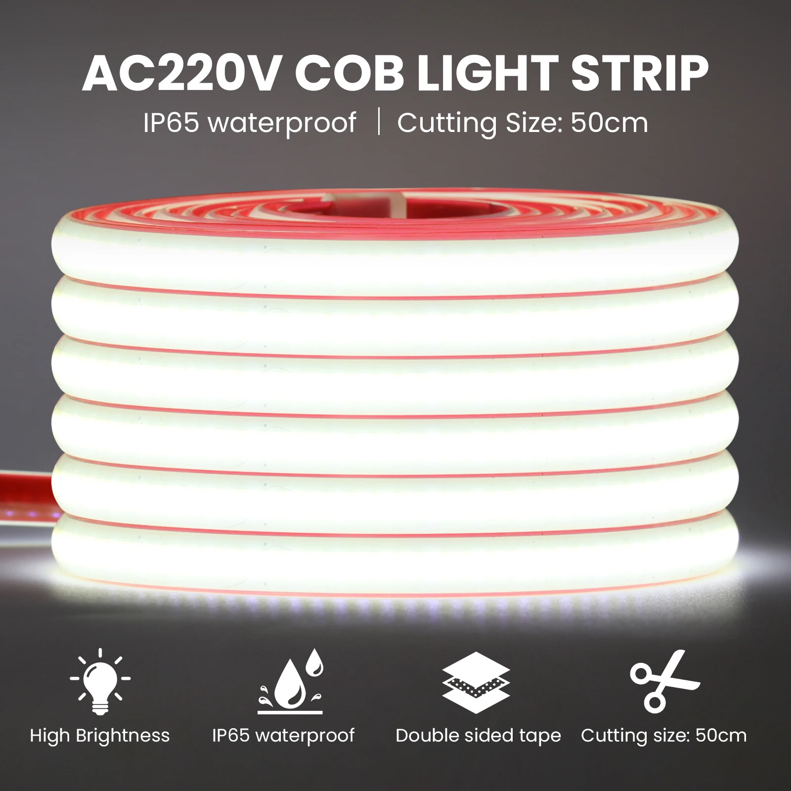220V COB LED Strip 0.5m 10m 20m 35m Adhesive LED Strip with Switch and Plug 288LEDs/m Waterproof Flexible Tape for Room Decor
