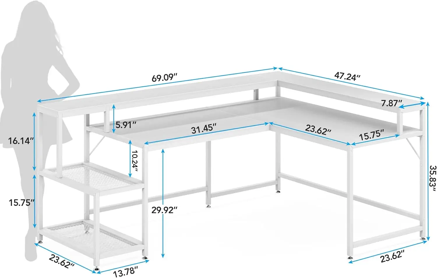 Em Forma De L Mesa Com Suporte Do Monitor, Grande Mesa De Canto Reversível, Prateleira De Armazenamento, Mesa De Computador Industrial, Escrita Mesa, 69"