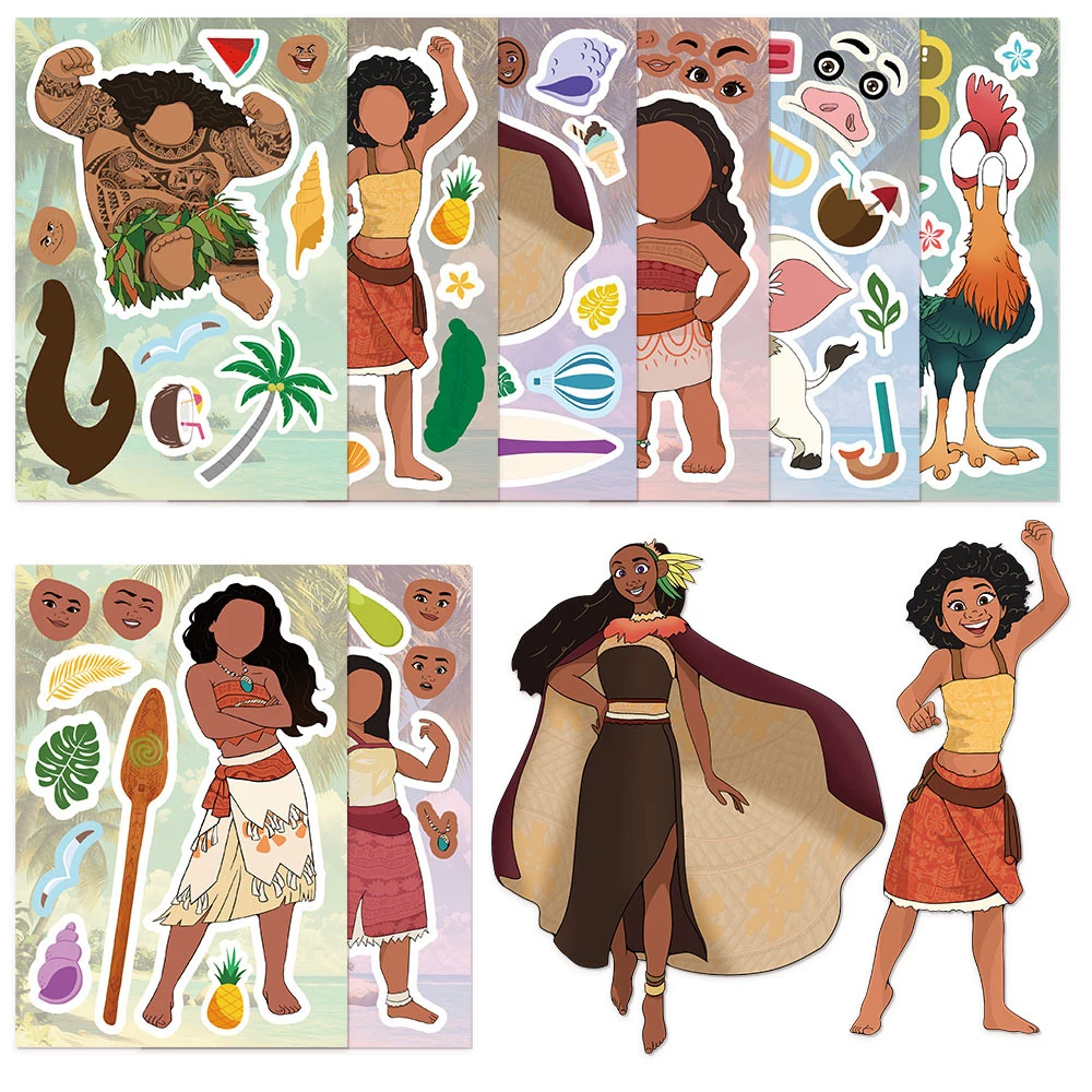 

8/16sheets Disney Cute Moana Anime Puzzle Stickers Make Your Own DIY Game Fun Cartoon Assemble Jigsaw Toy for Party Reward Gifts