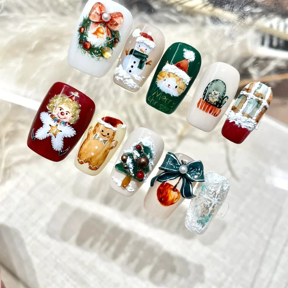 10 Pcs Handmade Press On Nails Winter Christmas New Luxury Cute Style Limited Short Fake Nails Design Art DIY Nail with Set