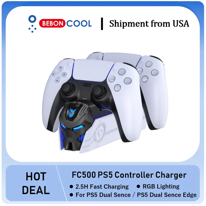 BEBONCOOL FC500 RGB Controller Charging Station For PlayStation 5 Dual Fast Charger LED Indicator Charging Stand Docking Station