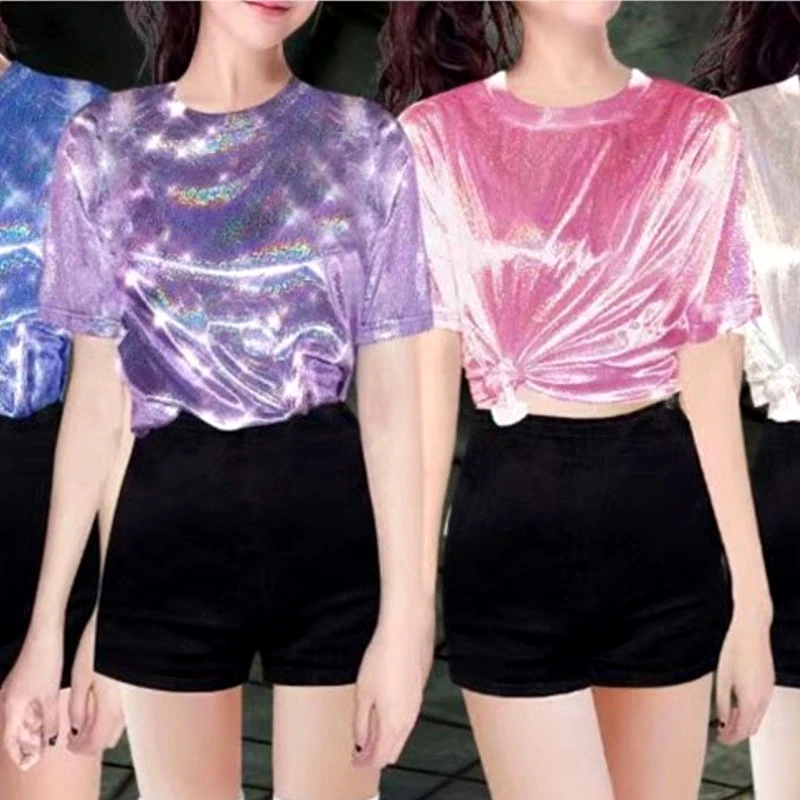 

Glittering Bling T-shirt Women's Stage Summer New Korean Round Neck Loose Reflective Top Festival Dance Student Girls Clothes