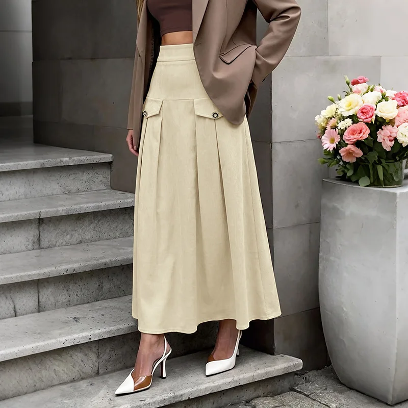 Autumn Chic 2026 Autumn and Winter Long Maxi Skirts Female Commuter Corduroy High Waist Pleated Medium Length A-shaped Skirt