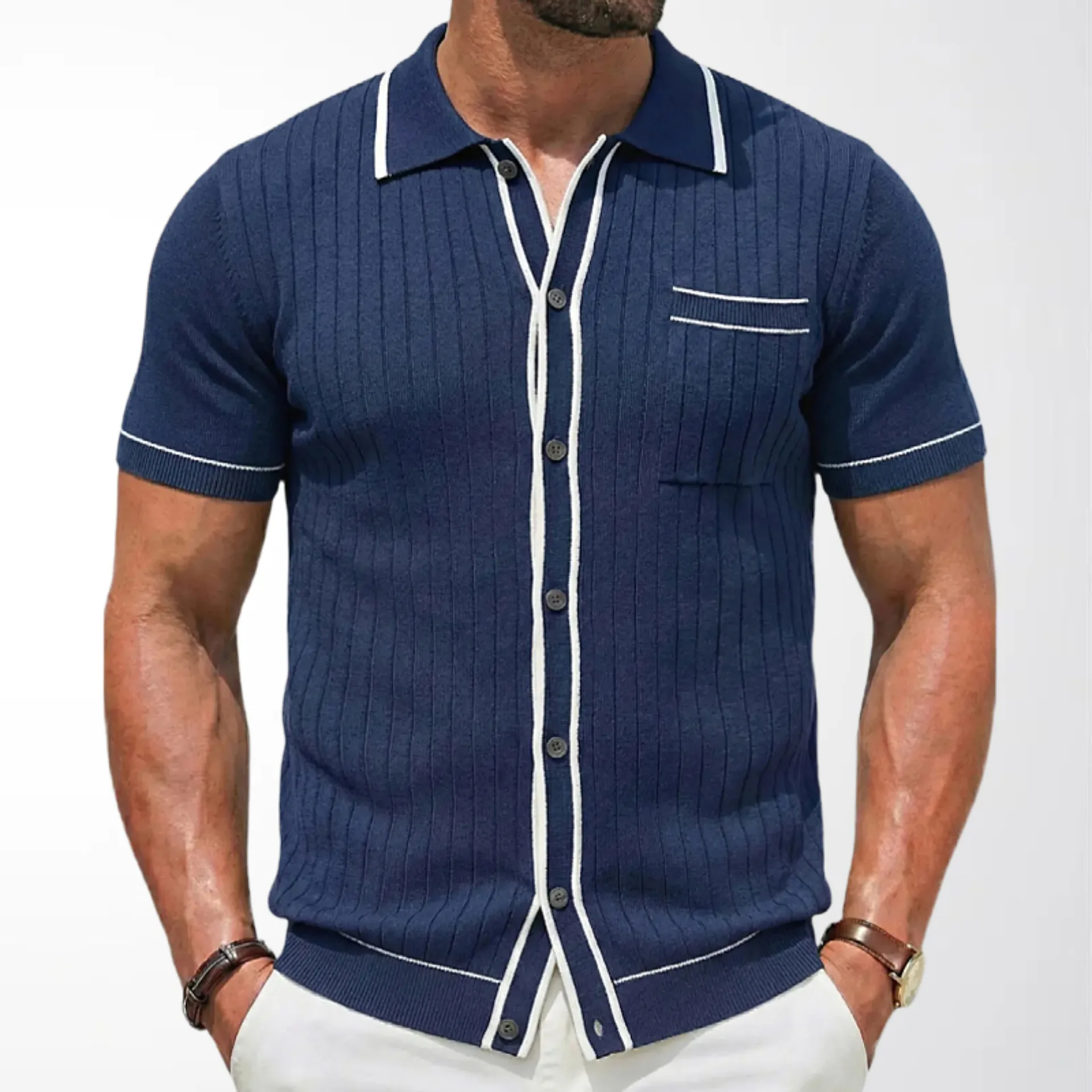 Men's Knitted Sweater Summer Short-sleeved Pit Strip Jacquard Hemming Cardigan POLO Shirt Men's Clothing