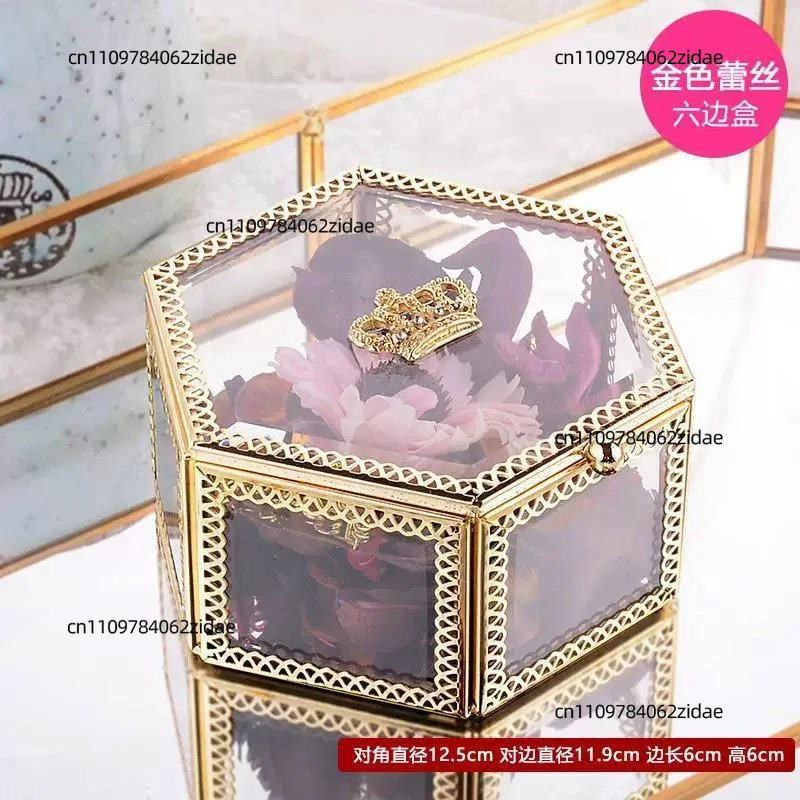 For Luxury Golden Crown Hexagonal Glass Jewelry Box Medium Size Ring Earring Storage Case Decor Gift