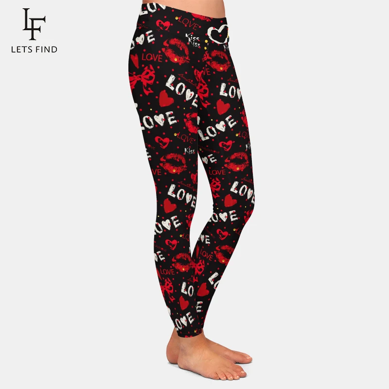 LETSFIND – Leggings noirs pour femmes, impression numérique 3D Love and Lips, taille haute, pantalons élastiques décontractés