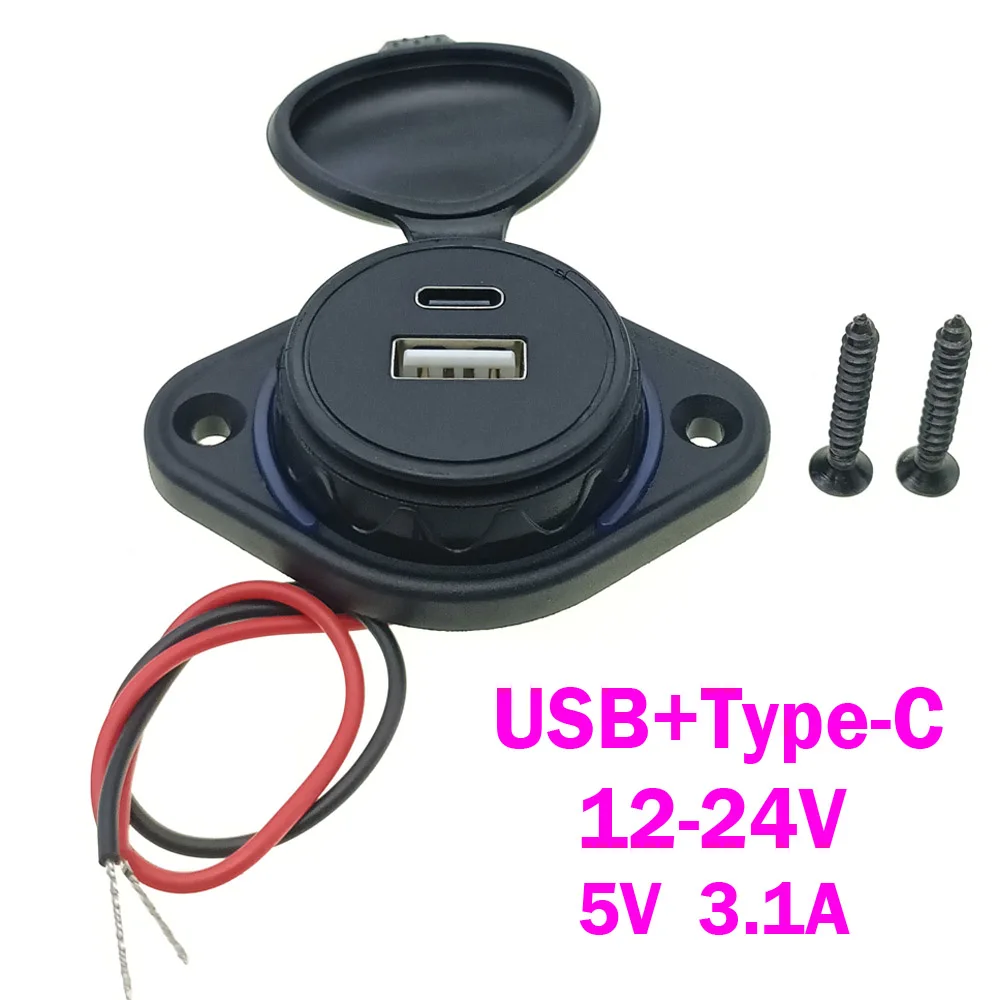 

USB+Type-C Charging Connector 12-24V 3.1A Car Power Socket Adapter Phone Charging for Motorbike Car Boat ATV UTV Camper Caravans
