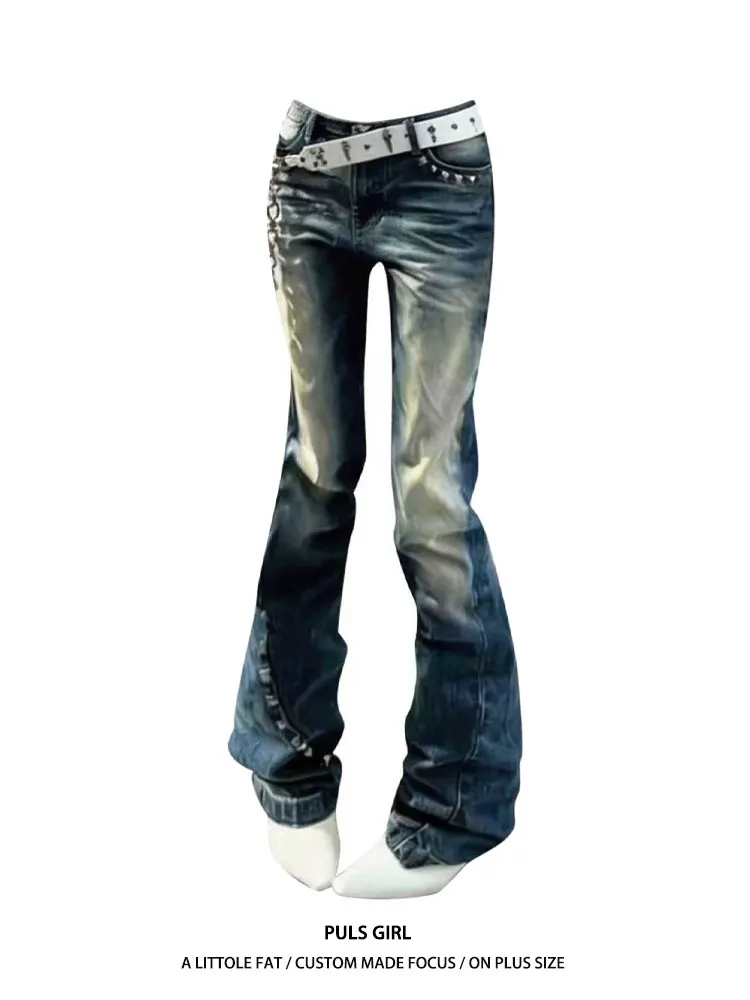 

Retro American Large Size Denim Jeans Women's Slim Fit Washed Rivet Micro Flared Long Pants Casual Style mid Waist Other