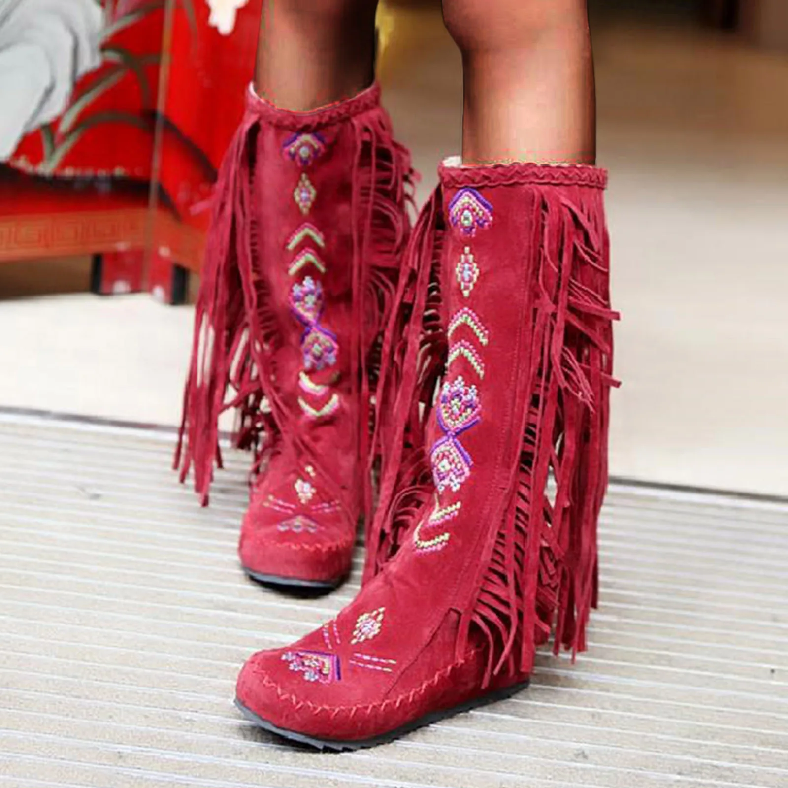 Ethnic Women Boots Fashion Fringe Flock Embroidery Round Toe Wedges Mid-calf Boots Solid Plus Size Comfort High Heels Booties