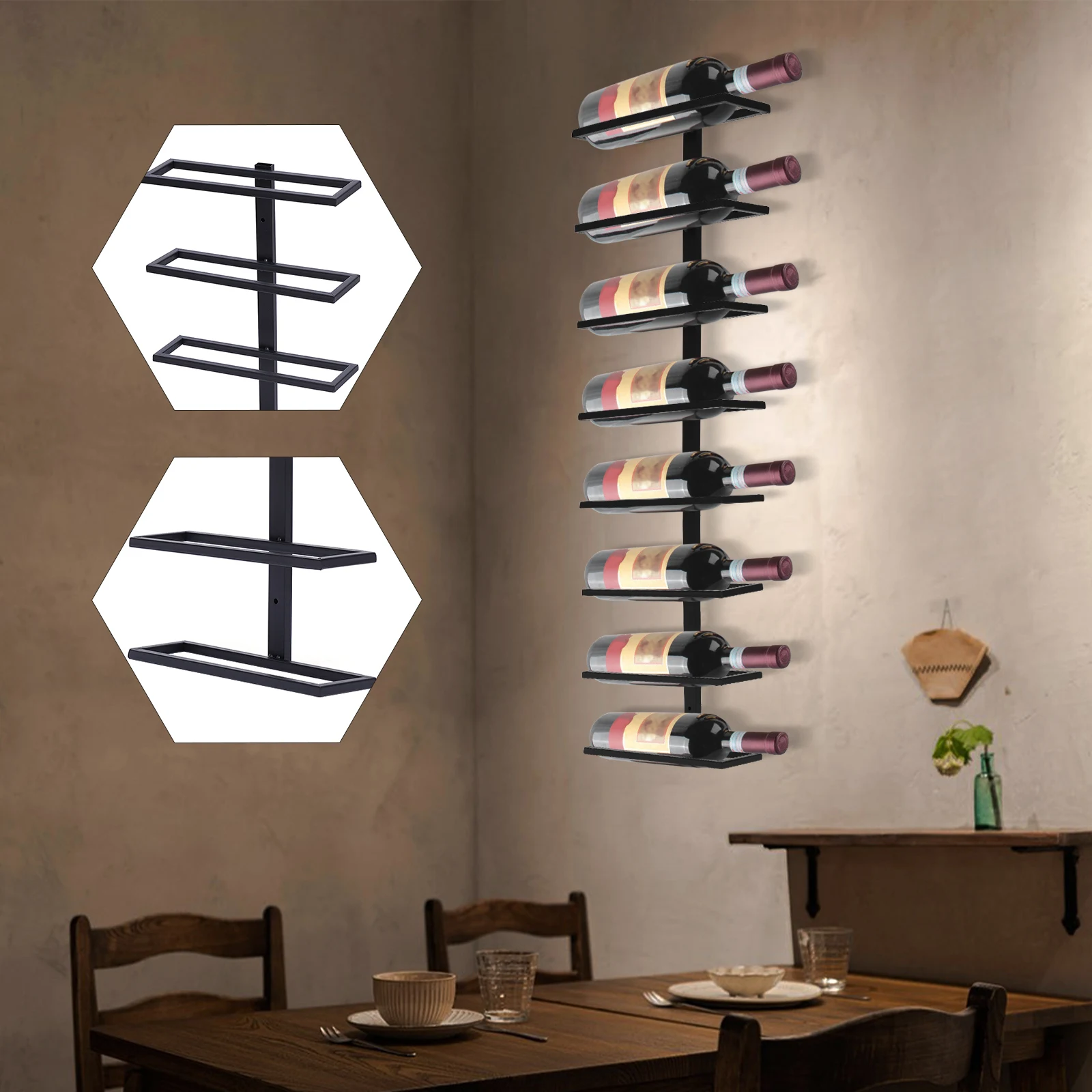 4.33inch Wall Mounted Rectangle Wine Rack Black for 8 Bottles Wine Bottle Rack Holder Storage Organizer for Bar Office Kitchen