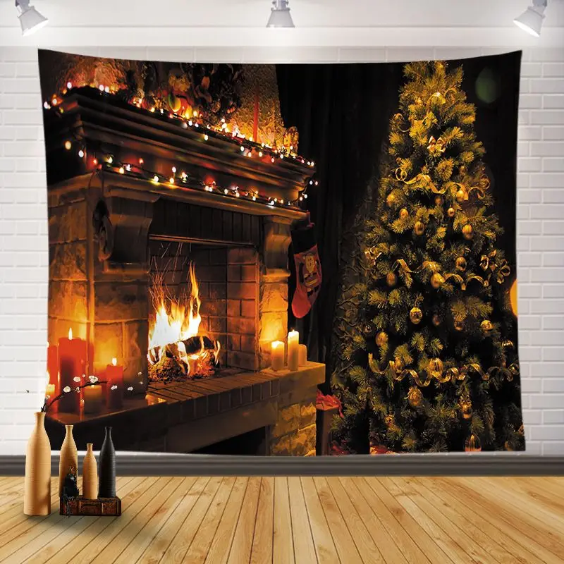 VIKAMA Christmas Indoor Scene Wall Hanging, Wall Decor with Christmas Tree, Fireplace, Stockings, and Gifts Print, Home Decor
