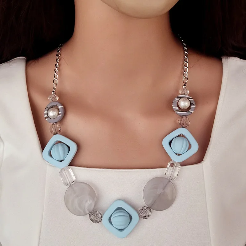 Blue Color OL Statement Geometric Pendants Beaded Necklace for Women Party Gifts