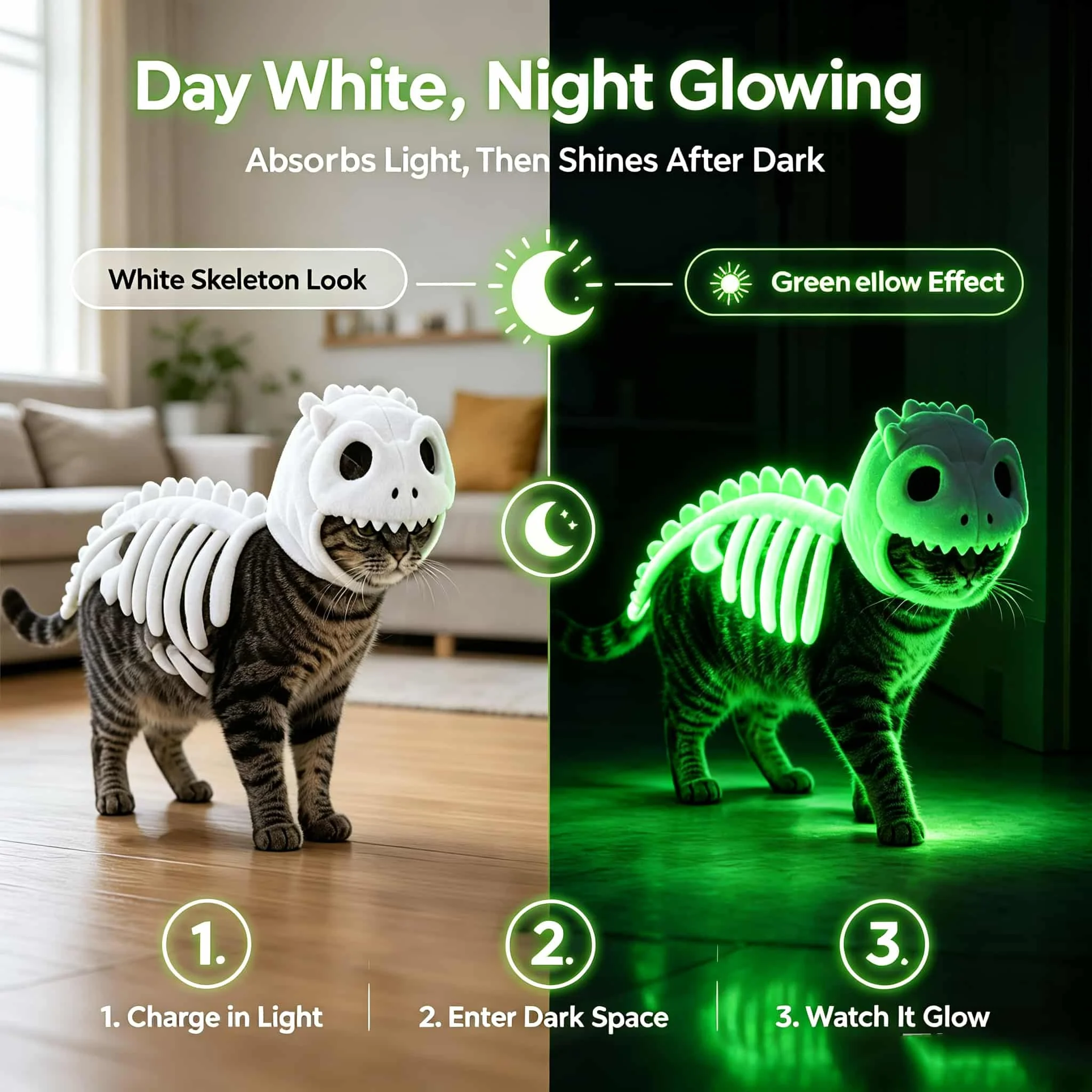 Halloween Dinosaurier-Skelett-Katzenkostüm, leuchtet im Dunkeln, Plüsch-Kapuzen-Cosplay-Outfit für kleine und mittelgroße Katzen, lustiges Party-Foto-Requisit – Detail 6