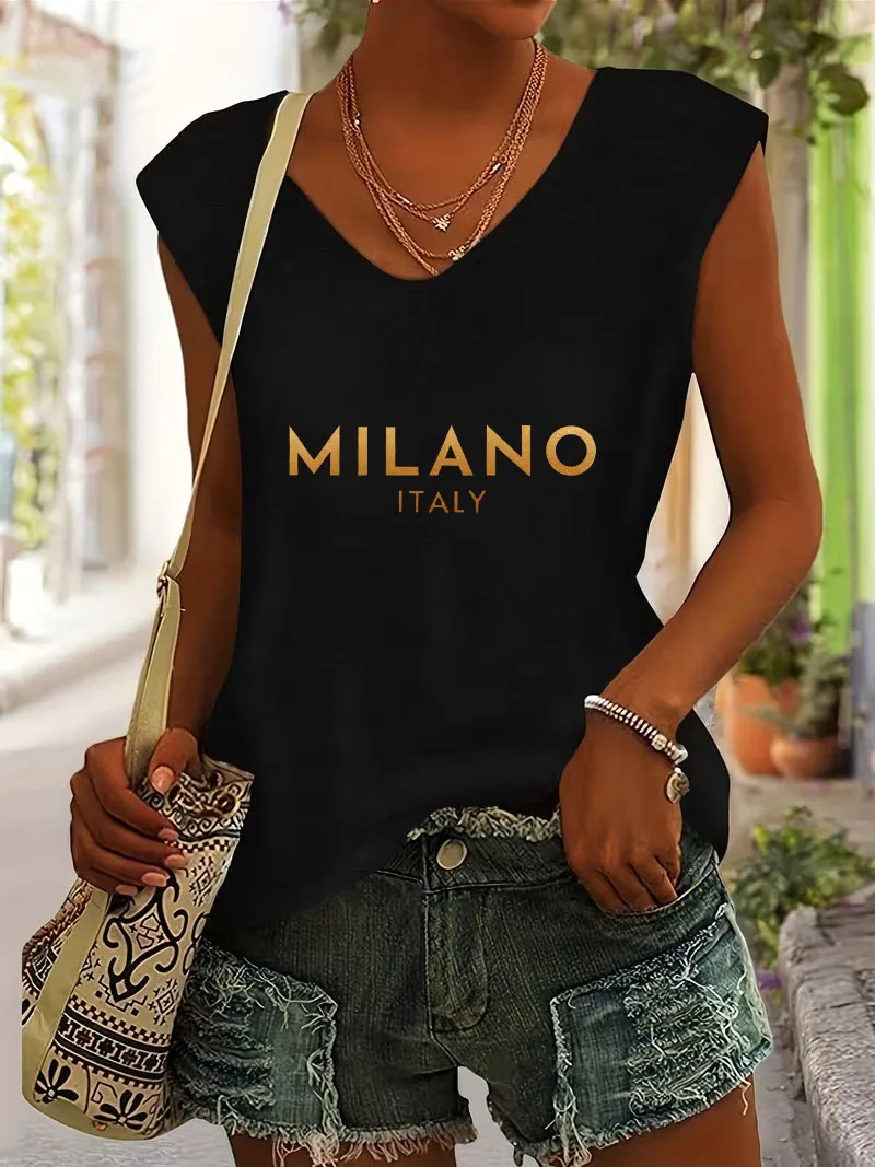 Summer Fashion Milano Italia Letter Printed Sleeveless Tank Top T-shirt V Neck Casual Vest T Shirts Women Tee Shirt V-Neck