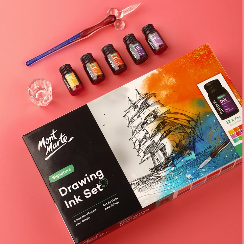 12 Color 7ml Water-soluble Gold Powder Colored Ink Glass Pen Painting Set Writing Painting Crystal Glass Pen Dipping Pen