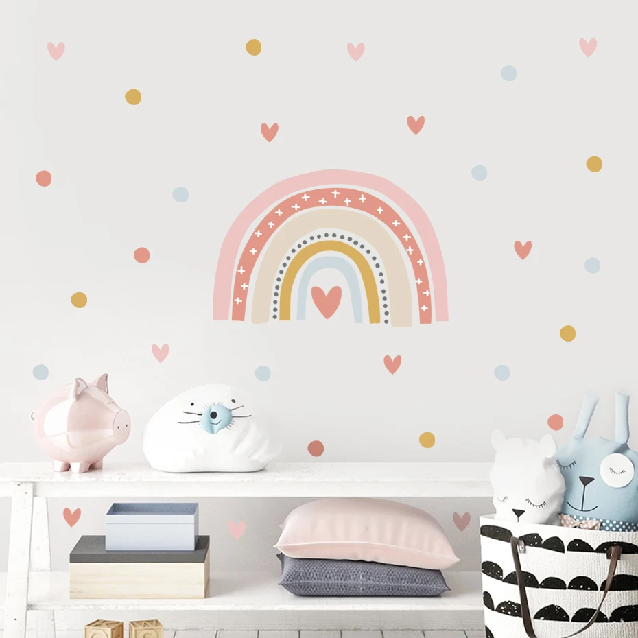 Rainbow Trendy Boho Pink Blue Sweet Hearts Wall Decals Nursery Girls Bedroom Decor Art Sticker Mural Baby Room Home Decoration