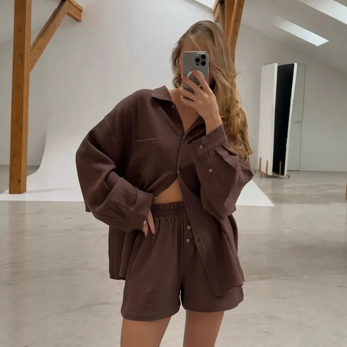 Solid Blouse Set Spring Summer New Double Layer Crepe Long Sleeve Blouse Shorts 2-piece Set