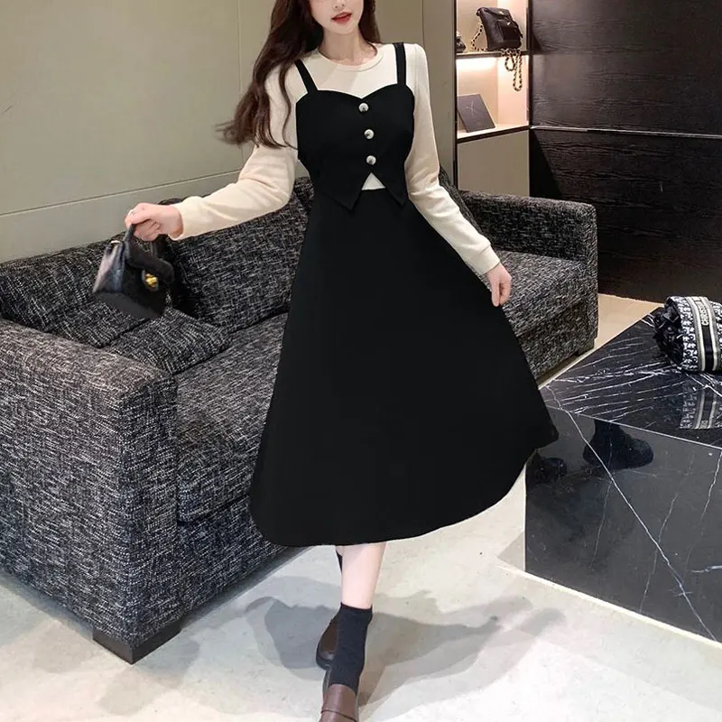 

Fake Two Pieces Spliced Dresses Women's Clothing Contrasting Colors Spring Autumn Commute A-Line Waist Stylish Button Midi Dress