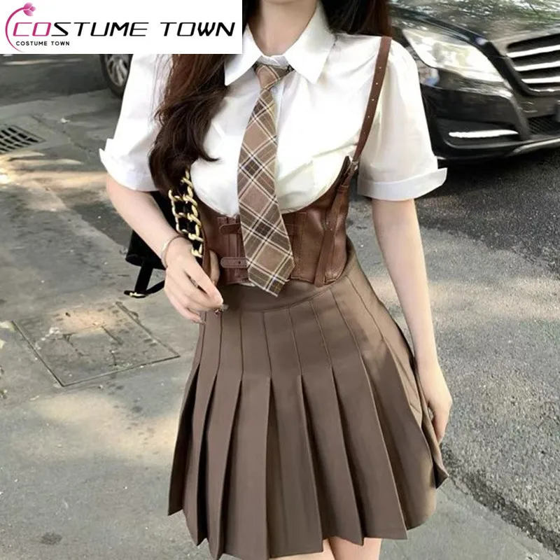 

2023 Summer Waist Shirt Vest Waist Seal Uniform Set Summer School Uniform OL Sexy Pure Desire JK Pleated Skirt Trend