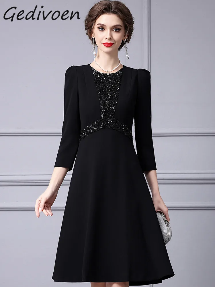 

Gedivoen Autumn Fashion Runway Black Vintage Spliced Dress Women O Neck Sequins Holiday Party High Waist Slim A-LINE Midi Dress