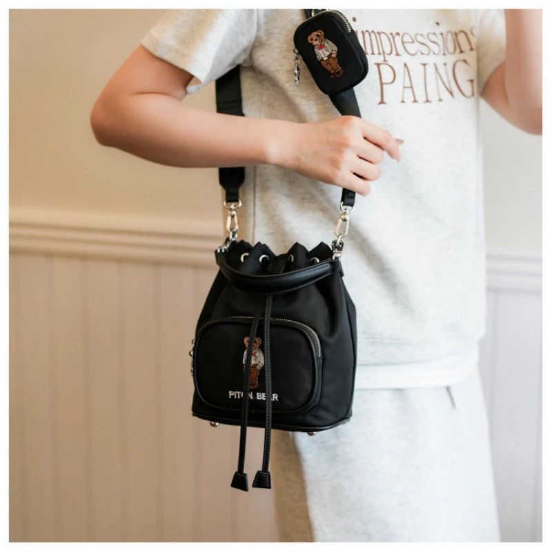 Beibaobao 2024 Summer New Black Women\'s Bag Little Bear Drawstring Cloth Bucket Bags Leisure Fashionable Versatile Crossbody Bag