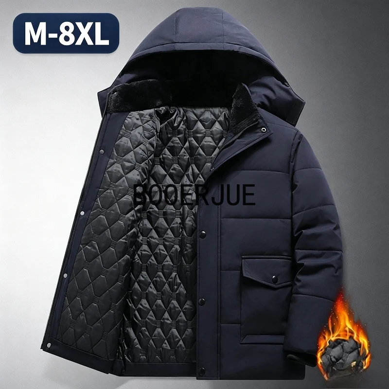Big Size M-8XL Men Winter Windproof Hooded Hiking Jacket Thick Fleece Lined Warm Plush Lining Male Casual Outdoor Trekking Coat