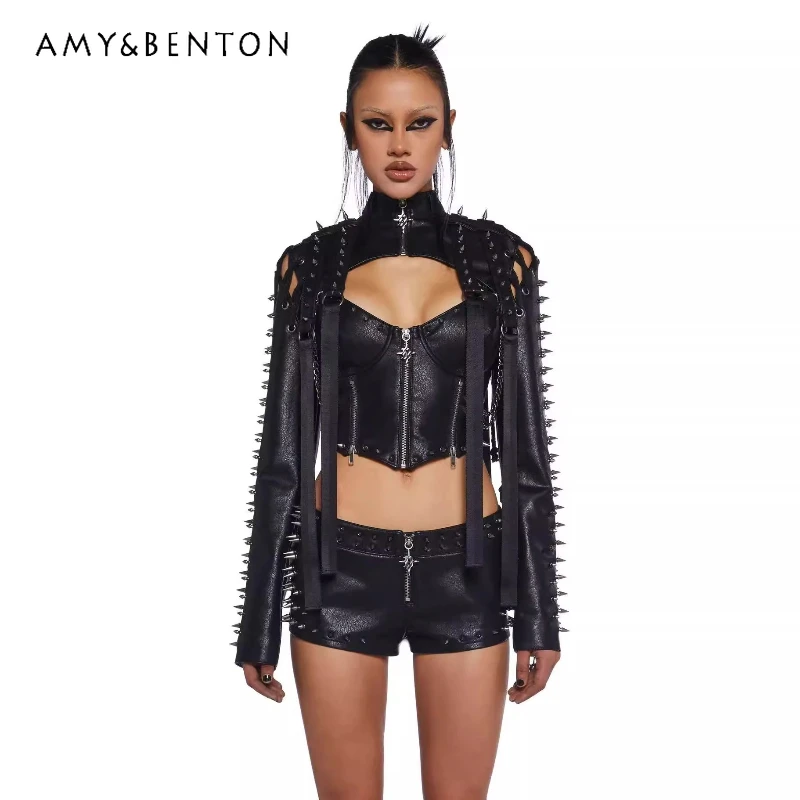 

Dark Rock Sleeveless V-neck Women's Sling Original Design Gothic 2025 Summer New Sweet Cool Sexy Zipper Mini Shorts Set Ladies