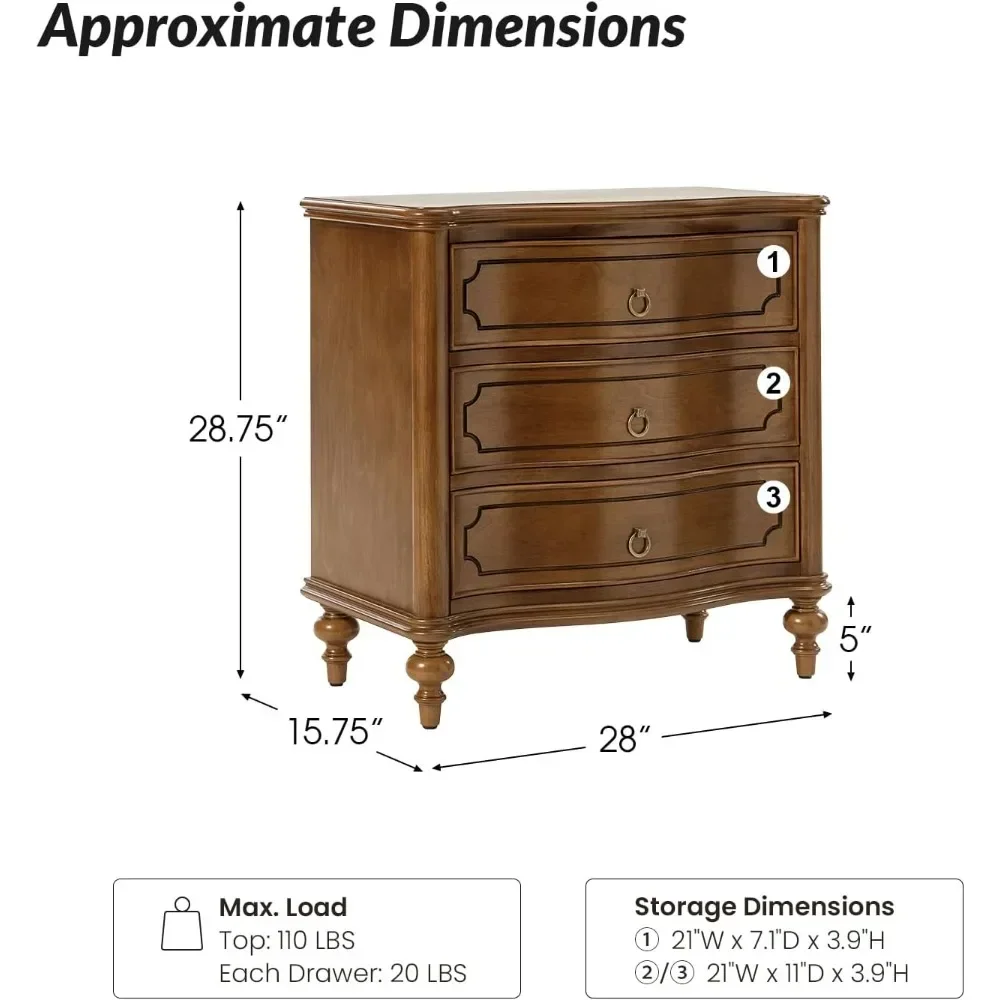 Wood Nightstands Set of 2 with Charging Station for Bedroom, 3 Drawers Traditional Nightstands, Side Table with Solid Wood Legs