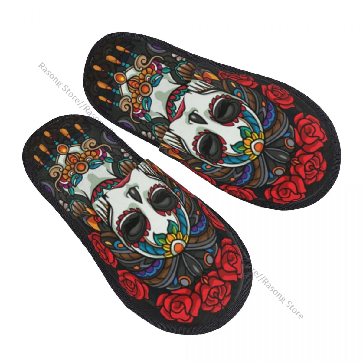 Plush Indoor Slippers Colorful Calavera Girl Mandala Arts Warm Soft Shoes Home Footwear Autumn Winter