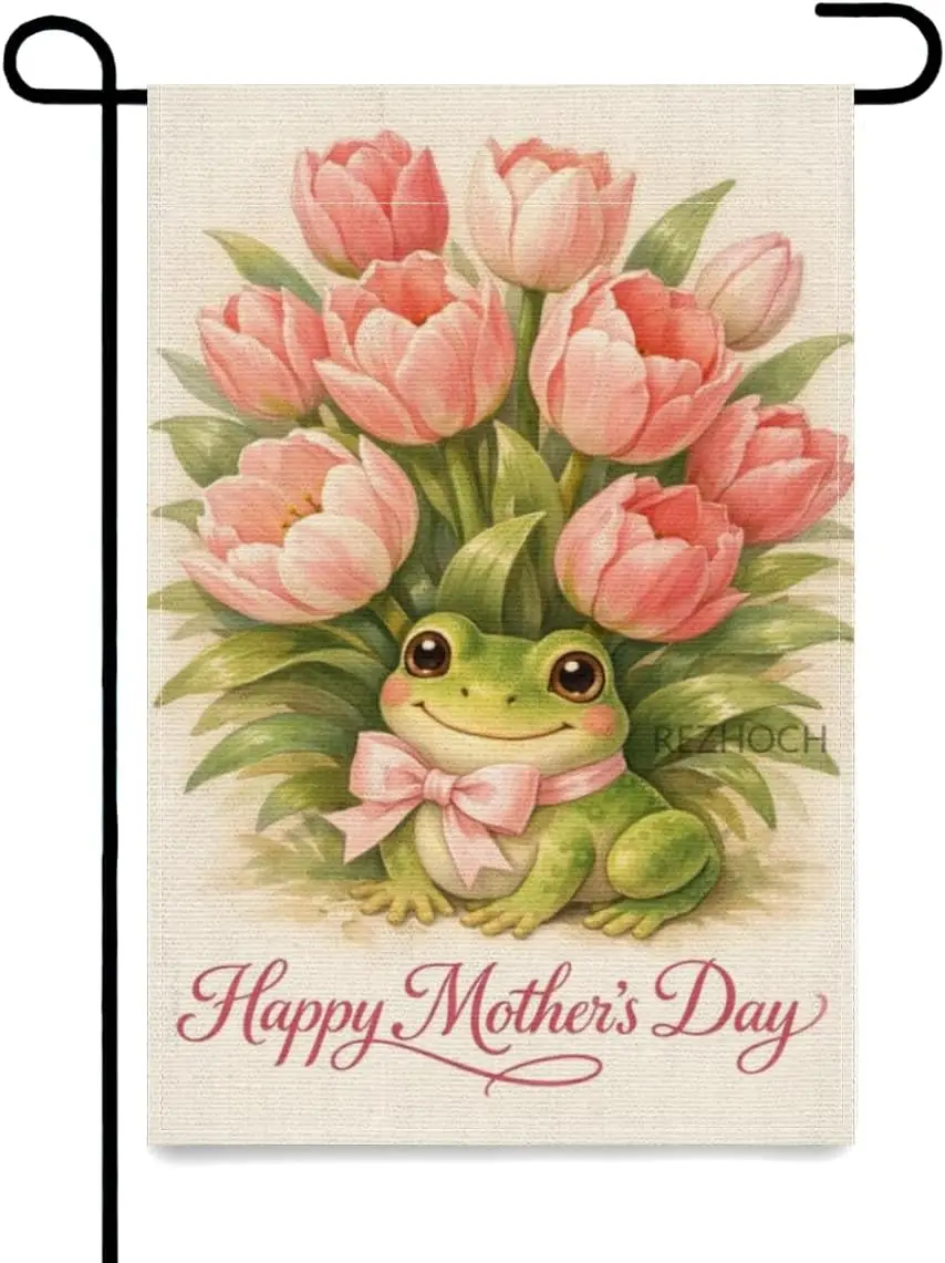 Happy Mother’s Day Garden Flag 12x18Inch Cute Frog Vintage Floral Tulip Spring Yard Outdoor Decor Double Sided Fun Animal La AAS