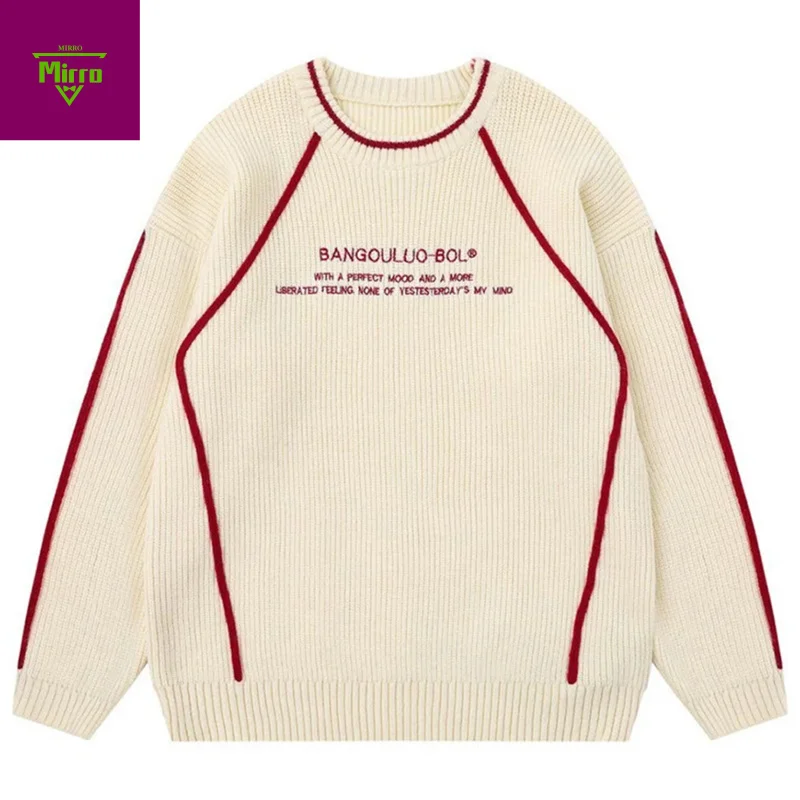 

Oversized Y2K Men Sweaters Embroidery Striped Loose Casual Knit Jumpers Streetwear Harajuku Hip Hop Sweaters Knitwear