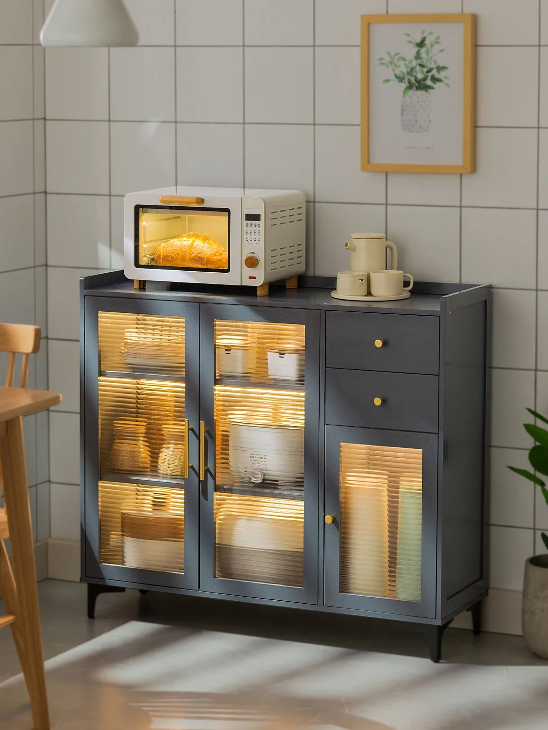 

Kitchen Shelf Floor Dish Cupboard Drawer Storage Microwave Oven Cabinet Dustproof Storage