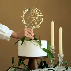 Personalized Baptism God Bless Cake Topper Custom Name And Date Wreath Christening Cake Topper First Communion Cake Topper