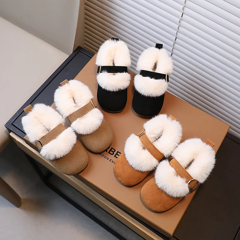 Kids Padded Warm Shoes Witner Children\'s Fur Flats Girls Fluffy Outdoor Cotton Casual Shoes Boys Faux Fur Boots 2-7 Years Old