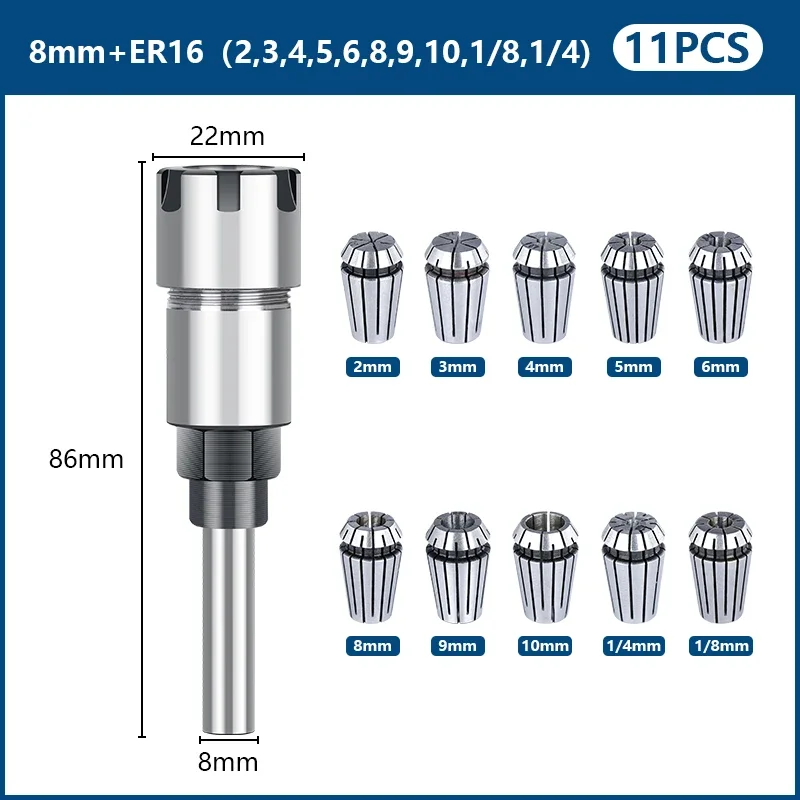 XCAN Router Bit Tool Holder 11pcs ER16 Spring Collet Chuck with 8mm Shank Router Bit Extension Rod Milling Cutter Tool Holder