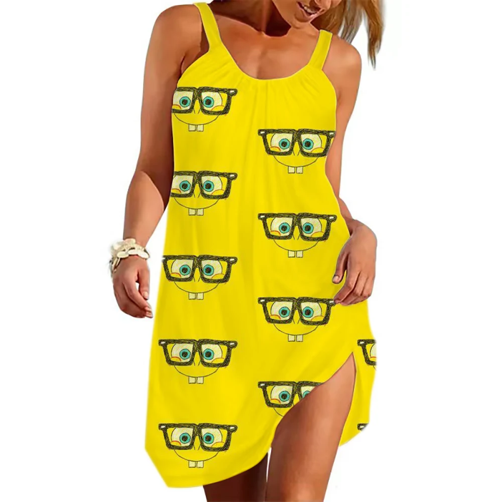 

Suspender Dress 2024 Summer New Fashion Casual Loose Comfortable Dress Women's Sleeveless Spongebob Cartoon Print Dress