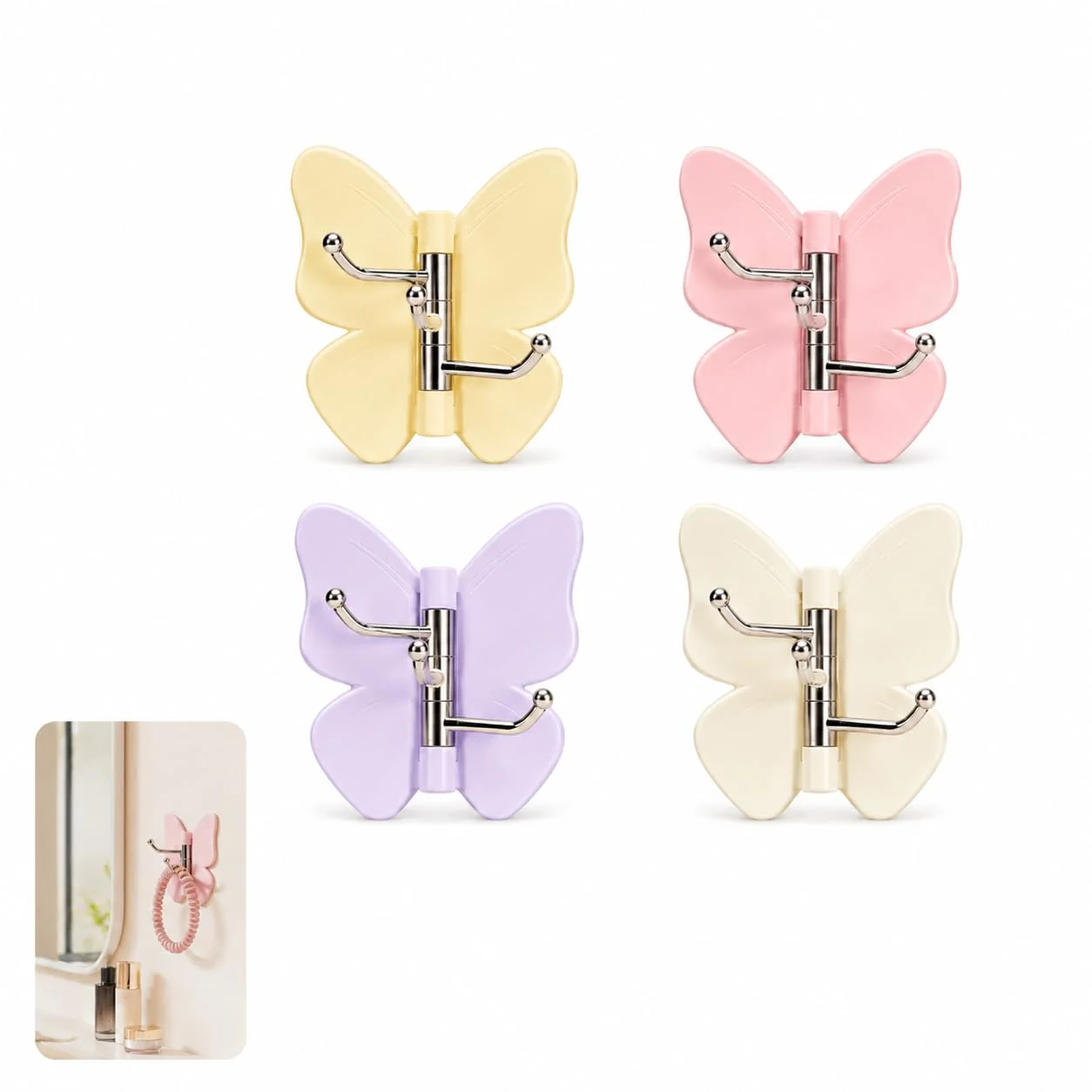 4 Pack Rotating Butterfly Adhesive Wall Hooks No-Drill 270° Swivel Rotation, Adjustable Wings, for Bathroom & Entryway