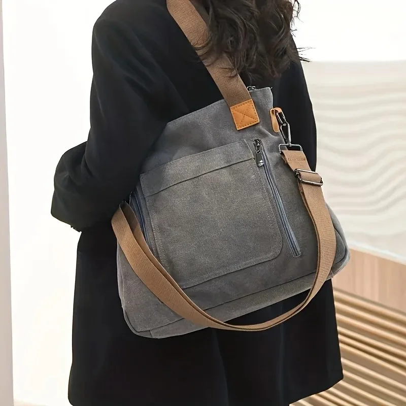 1pcsClassic Cotton Canvas Women Bag Retro Casual Tote Bag Portable Large Storage Shopping Handbag For Travel School Daily Outfit