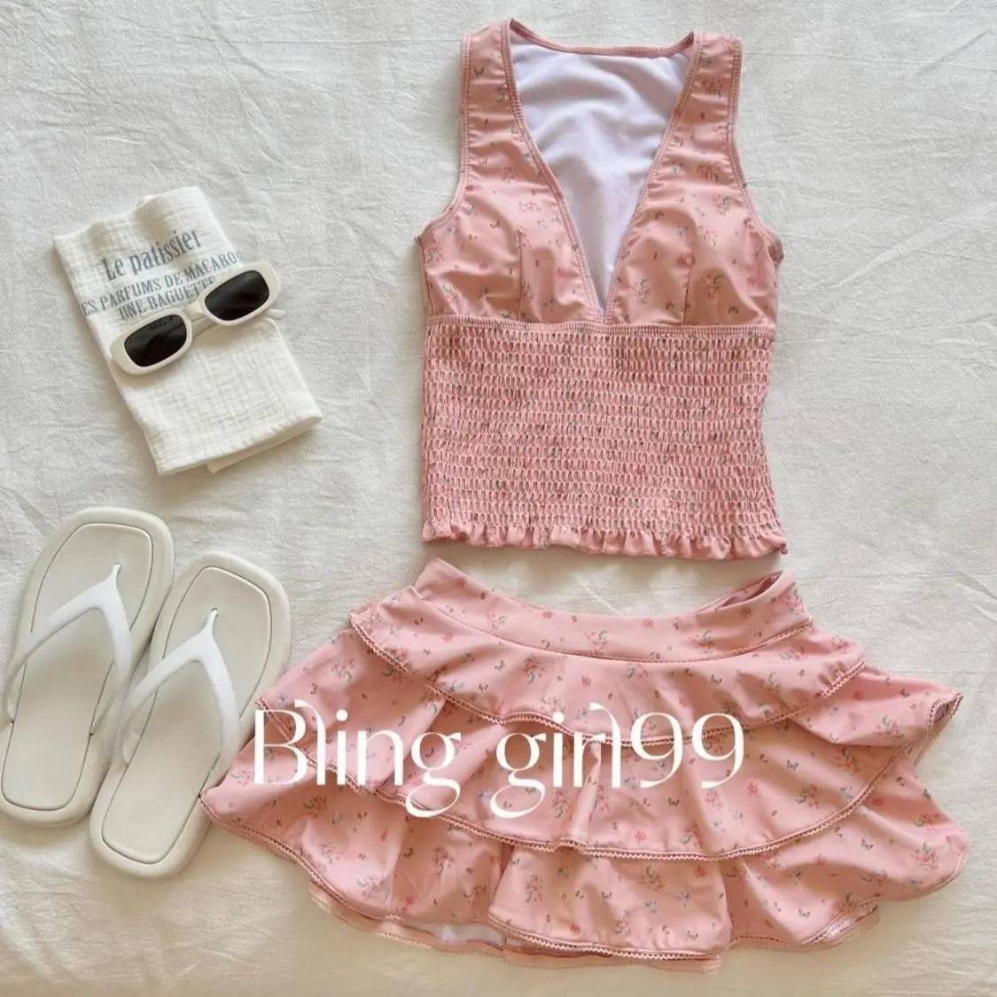 

Conservative Young Women 2 Piece Bikinis Set Beautiful V-neck Crop Top Ruffles Tiered Skirt Lolita Style Cute Girl Beach Clothes
