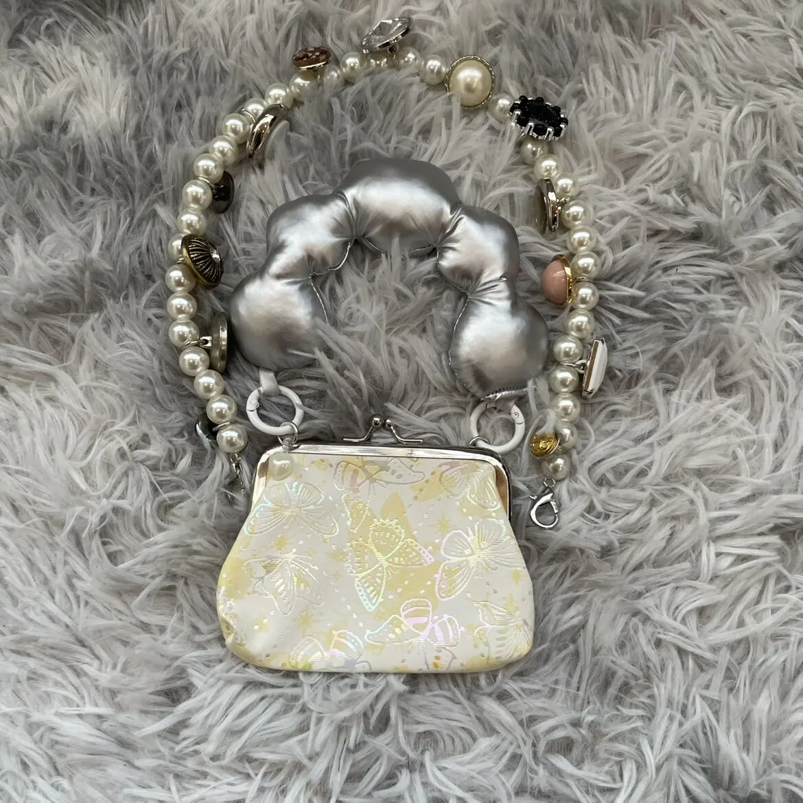 Y2K Puffy Cloud Handle Holographic Butterfly Coin Purse Detachable Pearl Chain Storage Bags design pendant keychain decoration