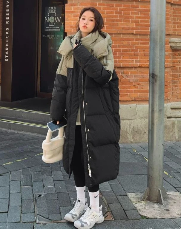 Winter New Women's Down Cotton Jacket Loose Splicing Color Contrasting Windproof Hoodie Parkas