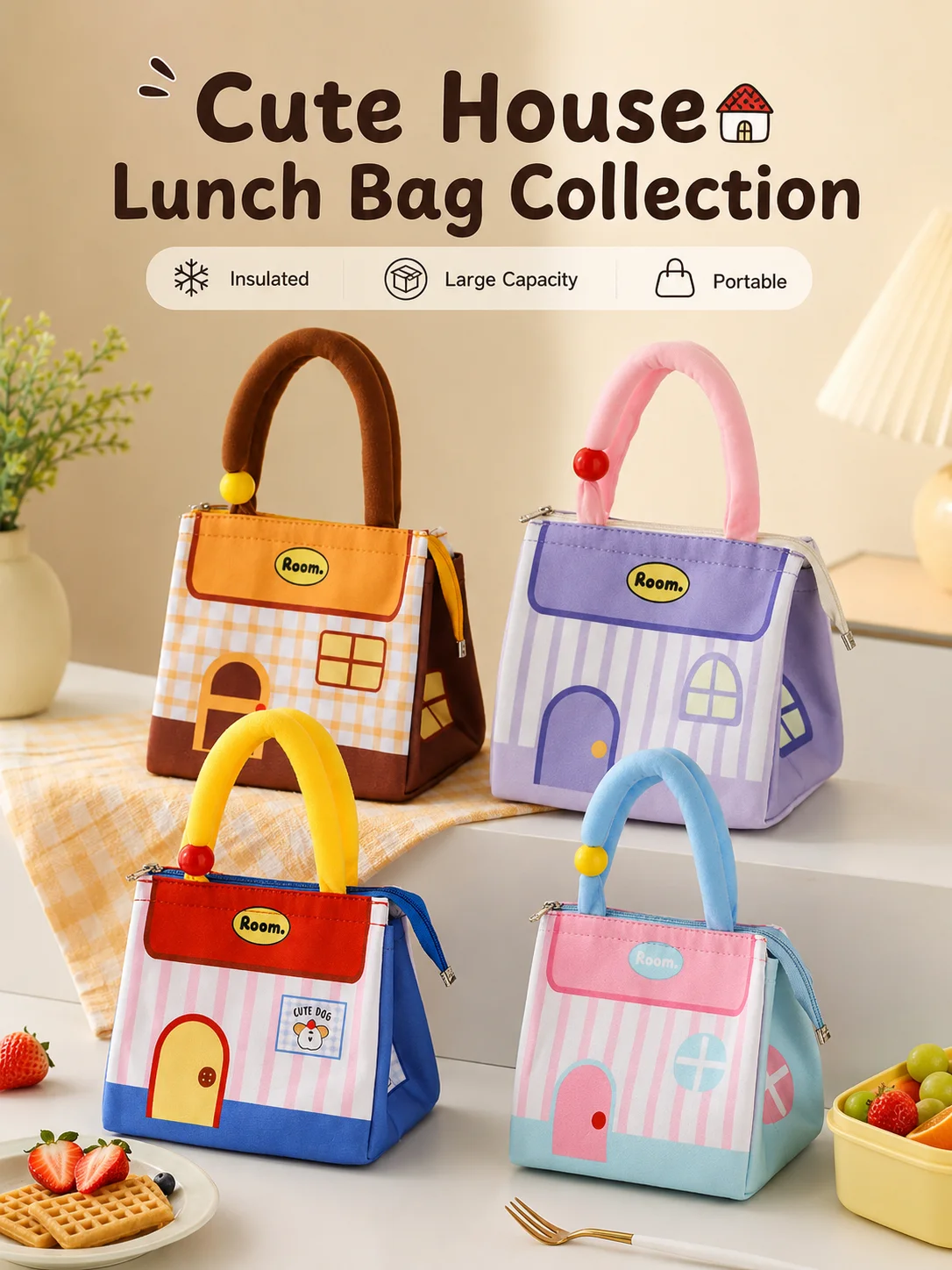 Cartoon Lunch Bag Dopamine House Shape Lunch Box Large Capacity with Handle Insulated Tote Bag for Students&Office Worker