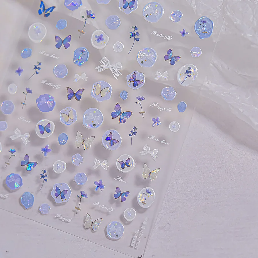 Vibrant Purple Holographic Butterfly 5D Nail Art Sticker Enchanting Metallic Wings Self Adhesive Decoration Manicure Decal DIY